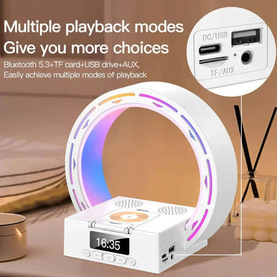 4 In 1 Wireless Bluetooth Lautsprecher Ladepad Nachtlampe Mit Wecker Tageslicht Für Schlafzimmer Unterstützt USB-Laufwerk TF-Karte