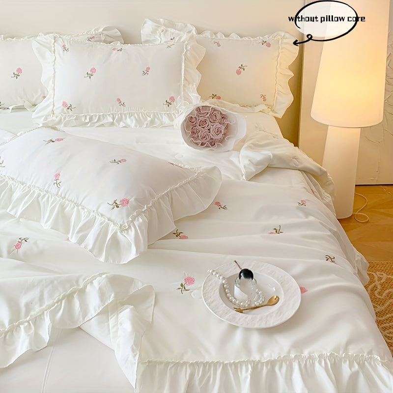 3-teiliges Bettwäsche-Set, Bestickte Rosen-Decke