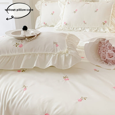3-teiliges Bettwäsche-Set, Bestickte Rosen-Decke