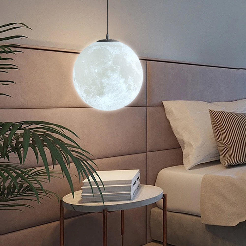 3D runde Mond Anhängerlampe - Weiße Deckenlampe mit Monddesign für Schlafzimmer & Wohnzimmer