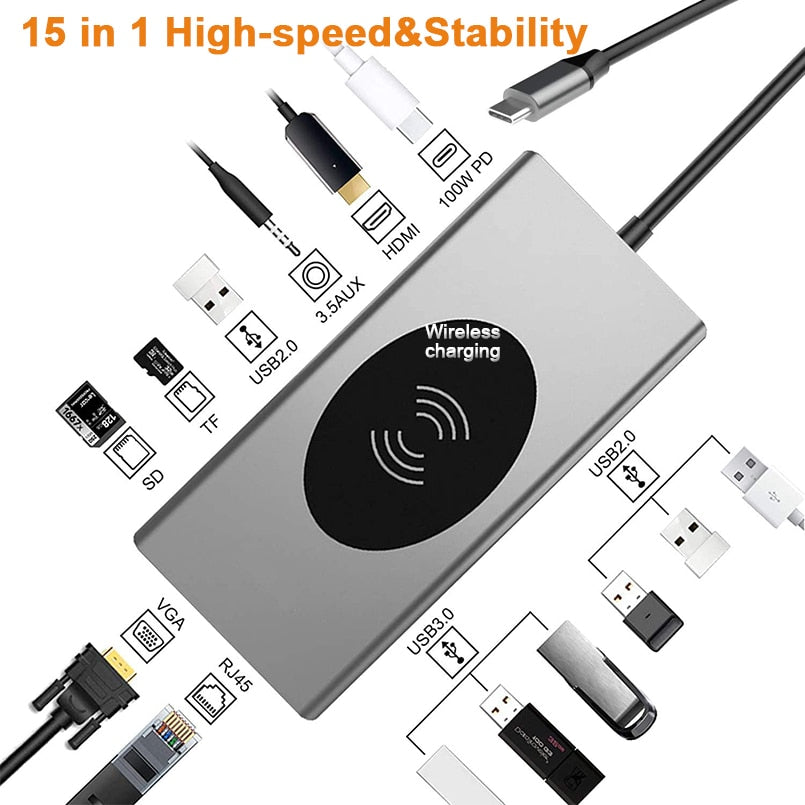 15in1 USB-C Wireless-Ladestation Dockingstation