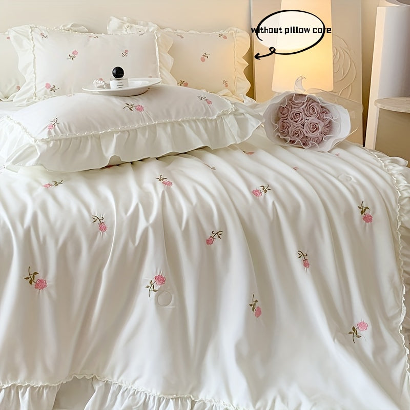 3-teiliges Bettwäsche-Set, Bestickte Rosen-Decke