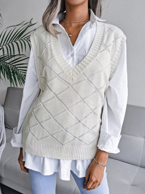 Vania® | Lässiger Strickpullover mit V-Ausschnitt und hohlen Diamanten für Damen