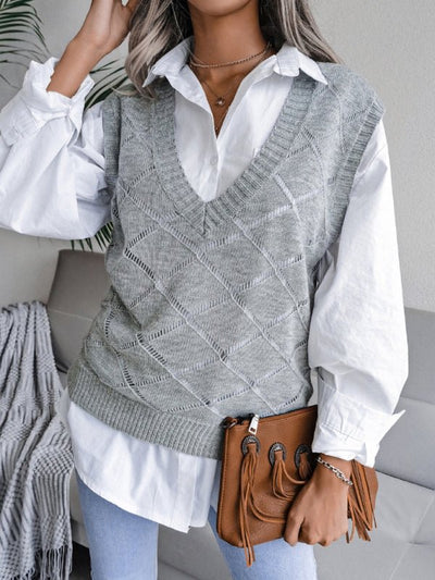 Vania® | Lässiger Strickpullover mit V-Ausschnitt und hohlen Diamanten für Damen