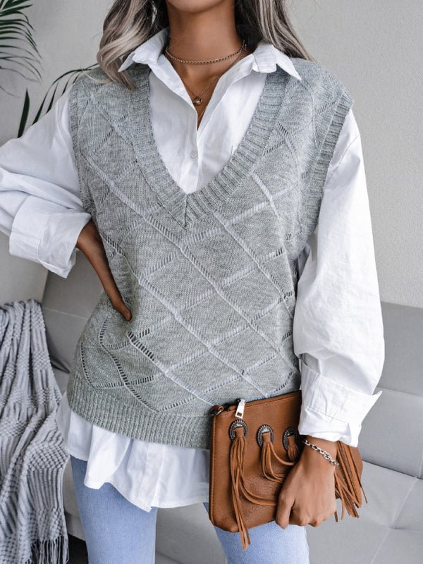 Vania® | Lässiger Strickpullover mit V-Ausschnitt und hohlen Diamanten für Damen