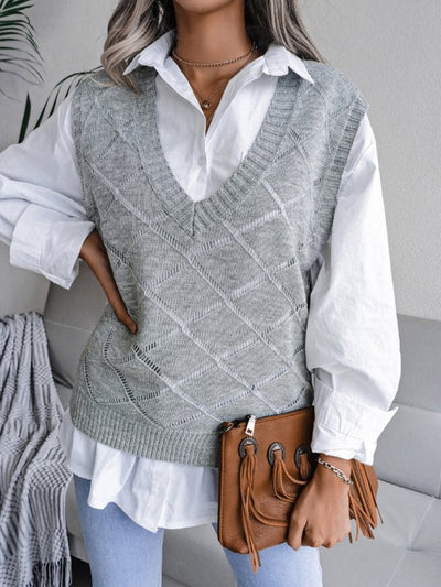 Vania® | Lässiger Strickpullover mit V-Ausschnitt und hohlen Diamanten für Damen