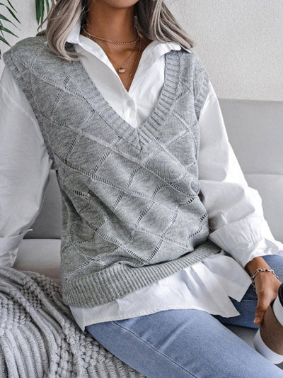 Vania® | Lässiger Strickpullover mit V-Ausschnitt und hohlen Diamanten für Damen